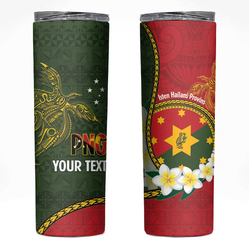 Personalised PNG Isten Hailans Provins Skinny Tumbler Papua New Guinea Plumeria Melanesian Pattern - Polynesian Pride