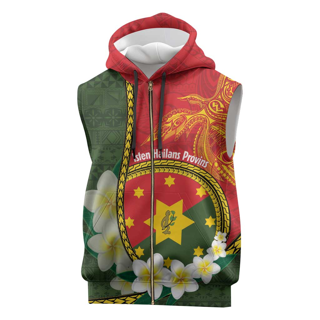Personalised PNG Isten Hailans Provins Sleeveless Zip Hoodie Papua New Guinea Plumeria Melanesian Pattern - Polynesian Pride