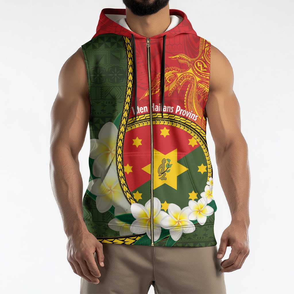 Personalised PNG Isten Hailans Provins Sleeveless Zip Hoodie Papua New Guinea Plumeria Melanesian Pattern - Polynesian Pride