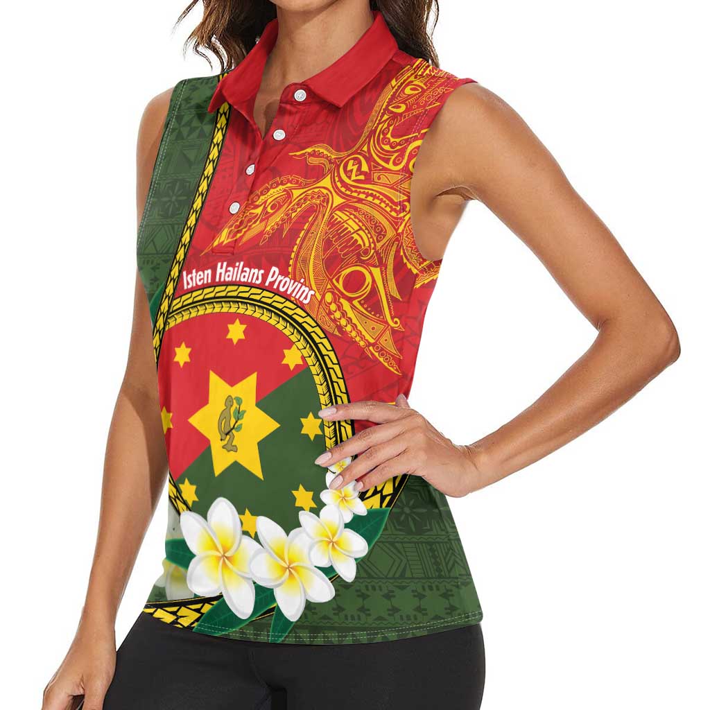 Personalised PNG Isten Hailans Provins Women Sleeveless Polo Shirt Papua New Guinea Plumeria Melanesian Pattern - Polynesian Pride