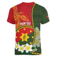 Personalised PNG Isten Hailans Provins Women V-Neck T-Shirt Papua New Guinea Plumeria Melanesian Pattern - Polynesian Pride