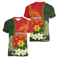 Personalised PNG Isten Hailans Provins Women V-Neck T-Shirt Papua New Guinea Plumeria Melanesian Pattern - Polynesian Pride