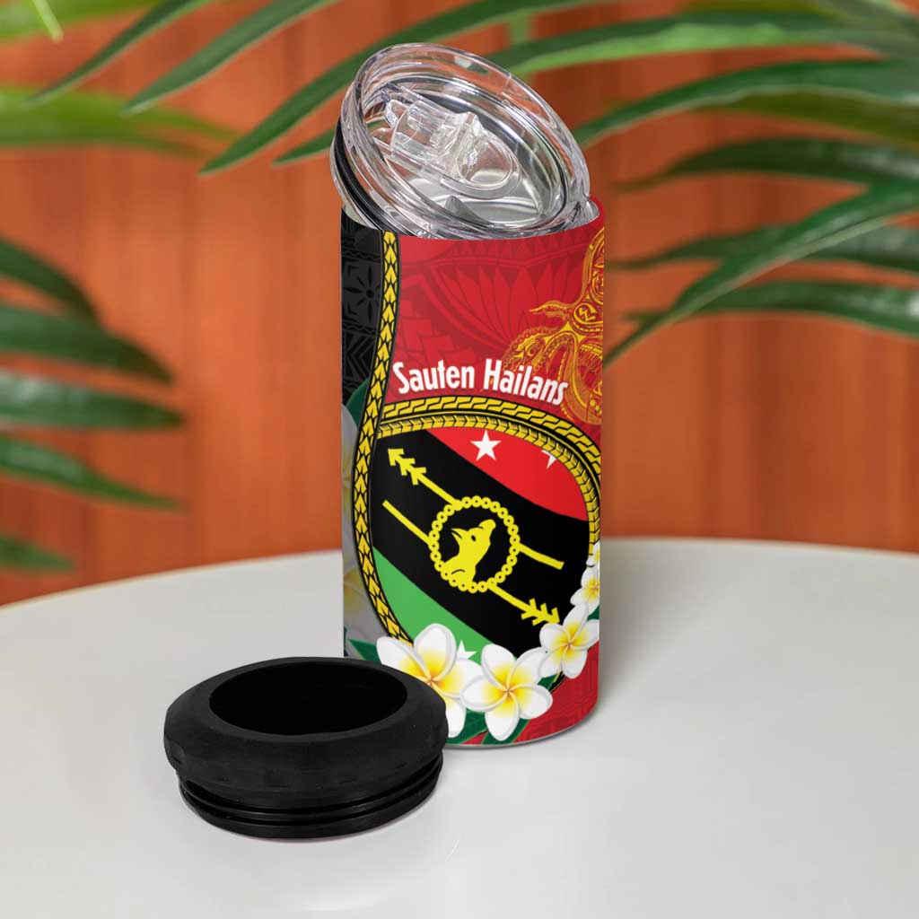 Personalised PNG Sauten Hailans 4 in 1 Can Cooler Tumbler Papua New Guinea Plumeria Melanesian Pattern - Polynesian Pride