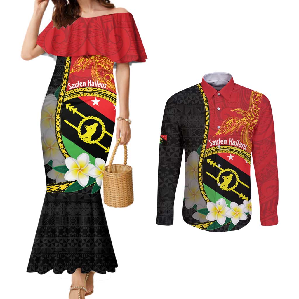 Personalised PNG Sauten Hailans Couples Matching Mermaid Dress and Long Sleeve Button Shirt Papua New Guinea Plumeria Melanesian Pattern - Polynesian Pride