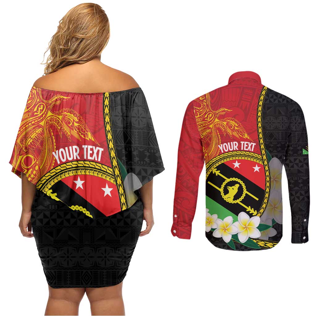 Personalised PNG Sauten Hailans Couples Matching Off Shoulder Short Dress and Long Sleeve Button Shirt Papua New Guinea Plumeria Melanesian Pattern - Polynesian Pride
