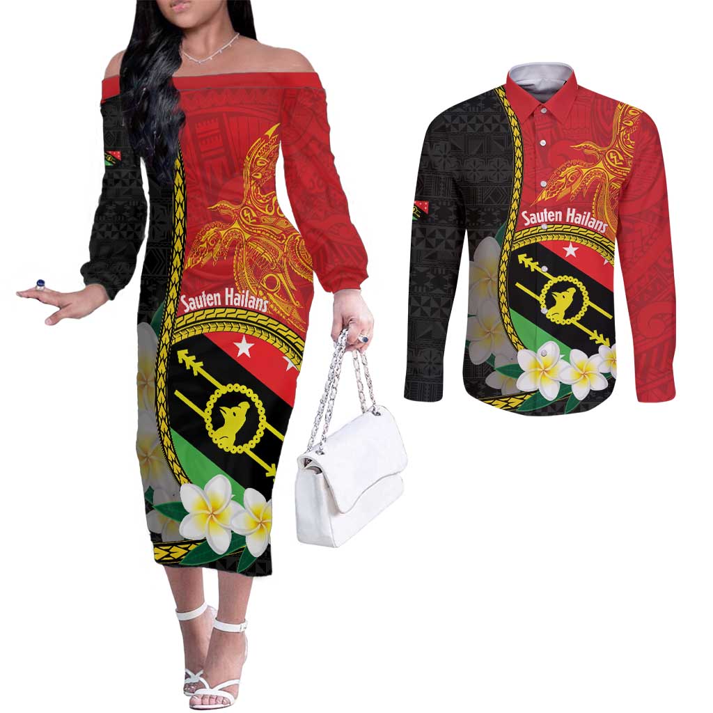 Personalised PNG Sauten Hailans Couples Matching Off The Shoulder Long Sleeve Dress and Long Sleeve Button Shirt Papua New Guinea Plumeria Melanesian Pattern - Polynesian Pride
