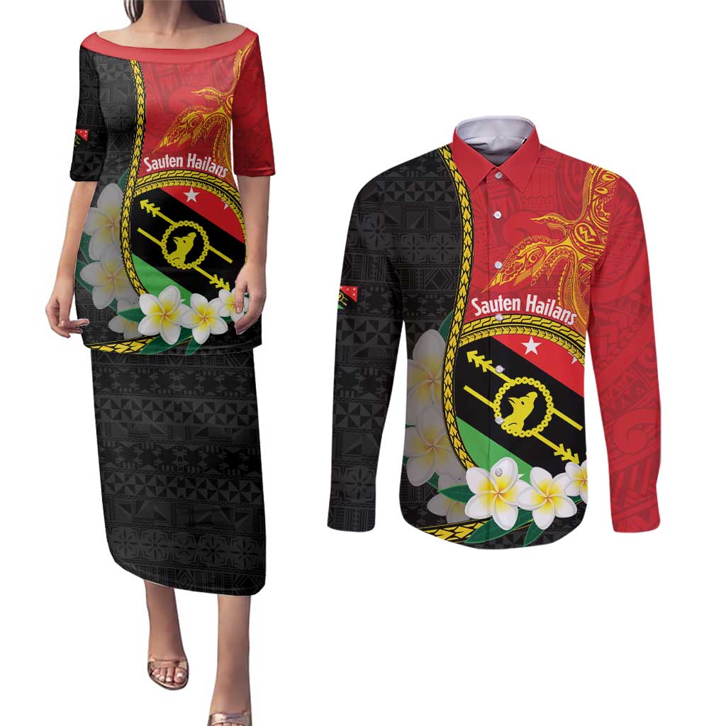 Personalised PNG Sauten Hailans Couples Matching Puletasi and Long Sleeve Button Shirt Papua New Guinea Plumeria Melanesian Pattern - Polynesian Pride