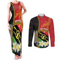 Personalised PNG Sauten Hailans Couples Matching Tank Maxi Dress and Long Sleeve Button Shirt Papua New Guinea Plumeria Melanesian Pattern - Polynesian Pride