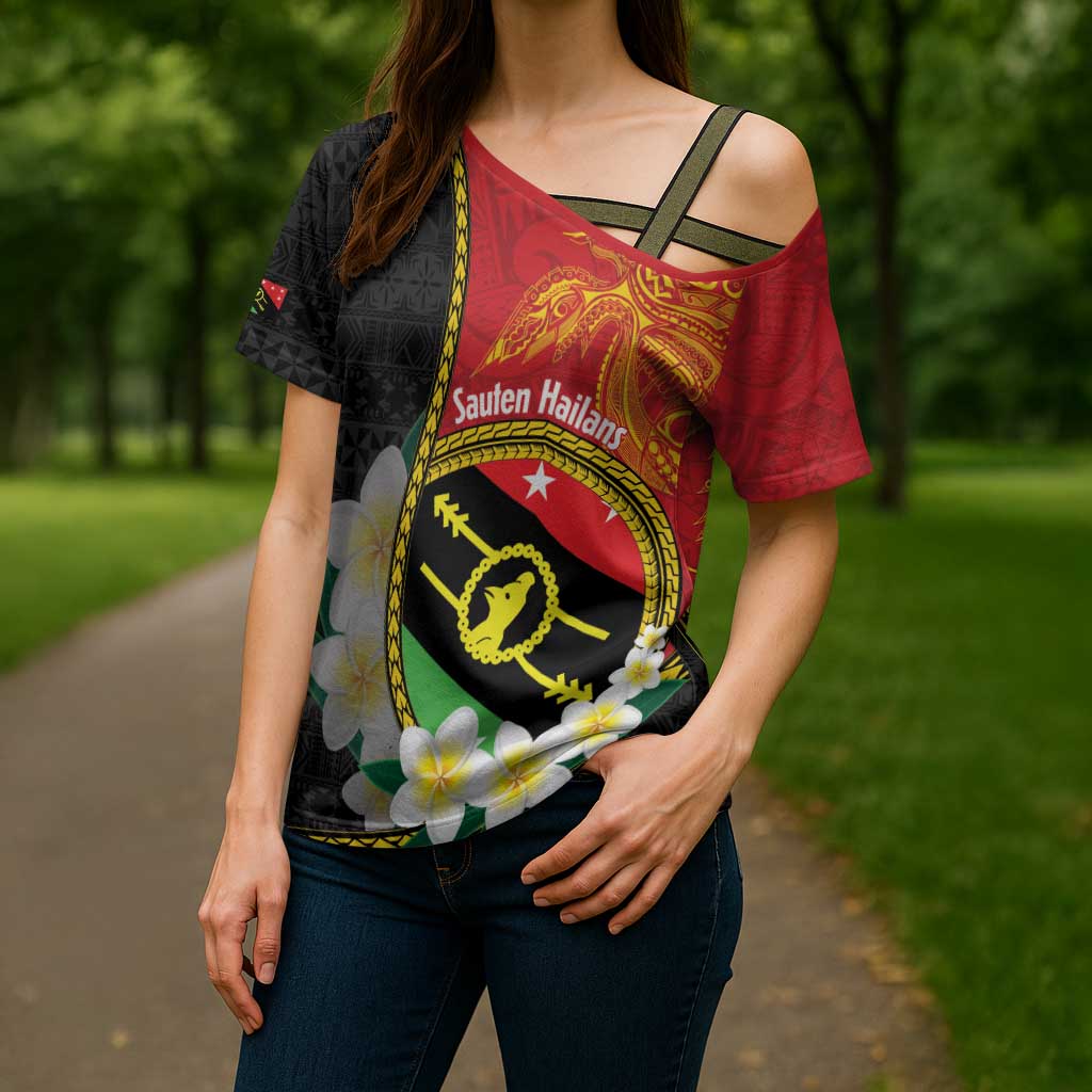 Personalised PNG Sauten Hailans Cross Shoulder Shirt Papua New Guinea Plumeria Melanesian Pattern - Polynesian Pride