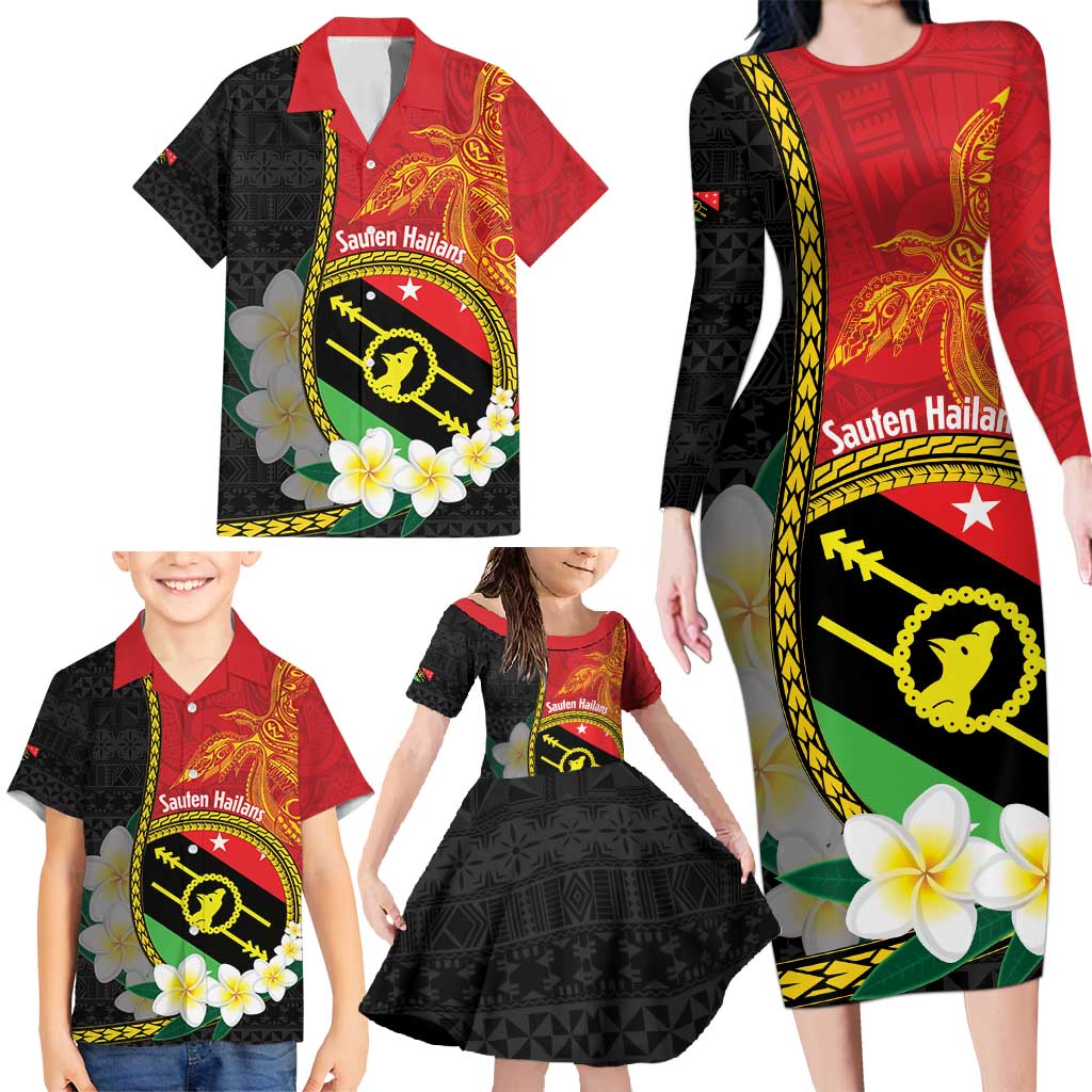 Personalised PNG Sauten Hailans Family Matching Long Sleeve Bodycon Dress and Hawaiian Shirt Papua New Guinea Plumeria Melanesian Pattern - Polynesian Pride