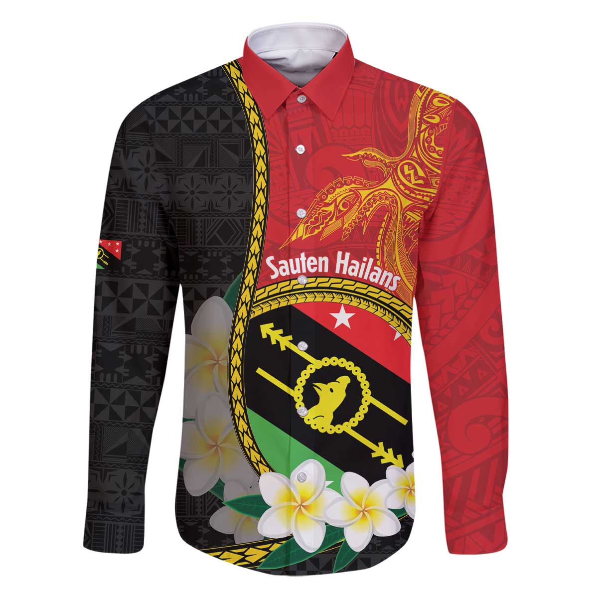 Personalised PNG Sauten Hailans Family Matching Off The Shoulder Long Sleeve Dress and Hawaiian Shirt Papua New Guinea Plumeria Melanesian Pattern - Polynesian Pride