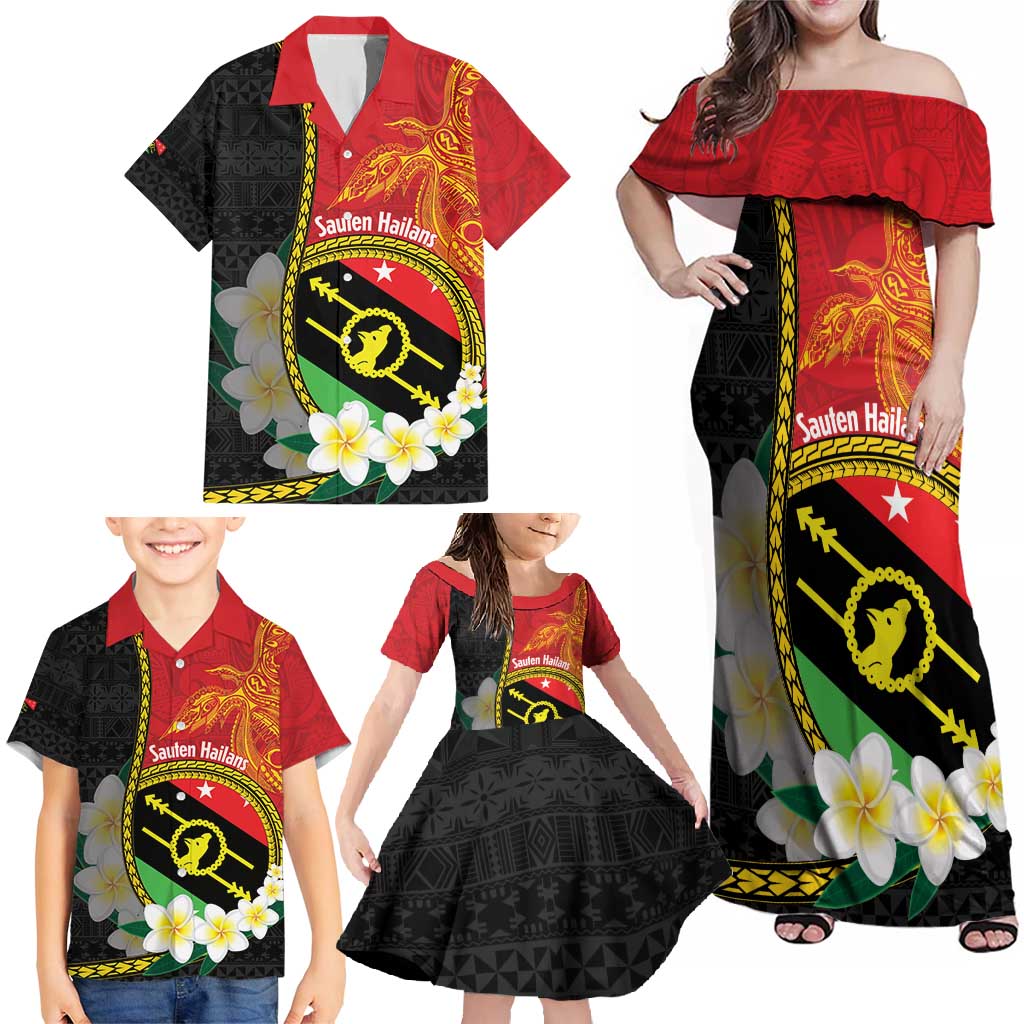Personalised PNG Sauten Hailans Family Matching Off Shoulder Maxi Dress and Hawaiian Shirt Papua New Guinea Plumeria Melanesian Pattern - Polynesian Pride