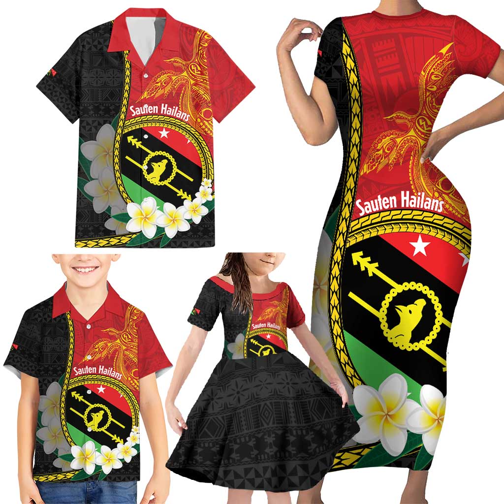 Personalised PNG Sauten Hailans Family Matching Short Sleeve Bodycon Dress and Hawaiian Shirt Papua New Guinea Plumeria Melanesian Pattern - Polynesian Pride