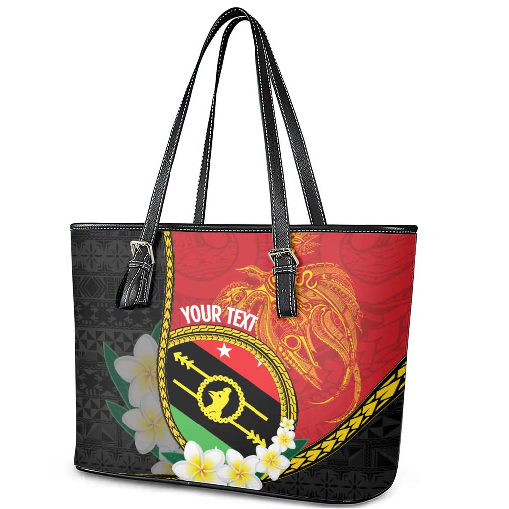 Personalised PNG Sauten Hailans Leather Tote Bag Papua New Guinea Plumeria Melanesian Pattern - Polynesian Pride