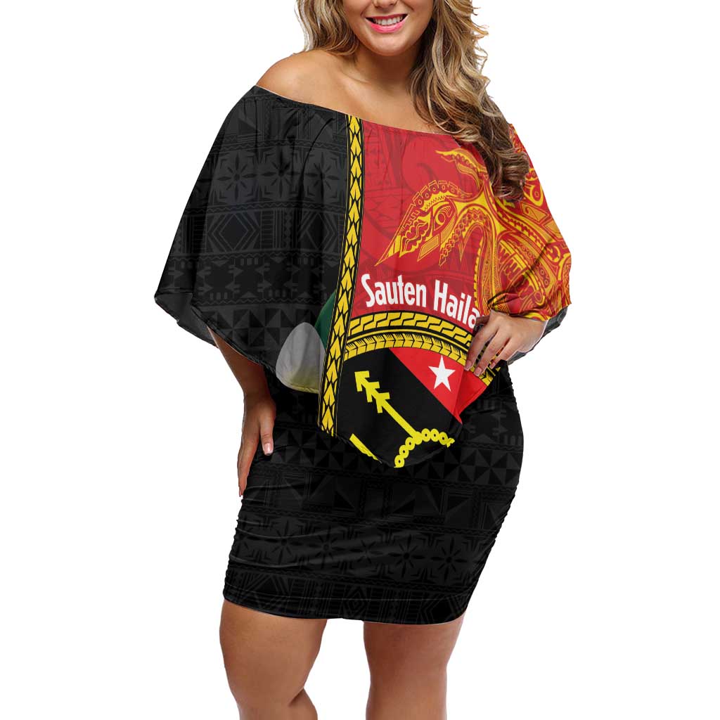 Personalised PNG Sauten Hailans Off Shoulder Short Dress Papua New Guinea Plumeria Melanesian Pattern - Polynesian Pride
