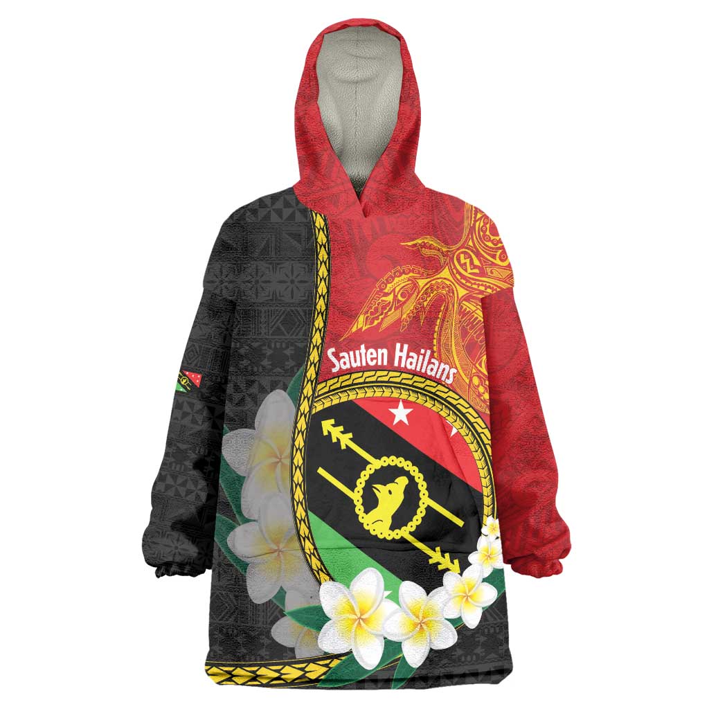 Personalised PNG Sauten Hailans Wearable Blanket Hoodie Papua New Guinea Plumeria Melanesian Pattern - Polynesian Pride