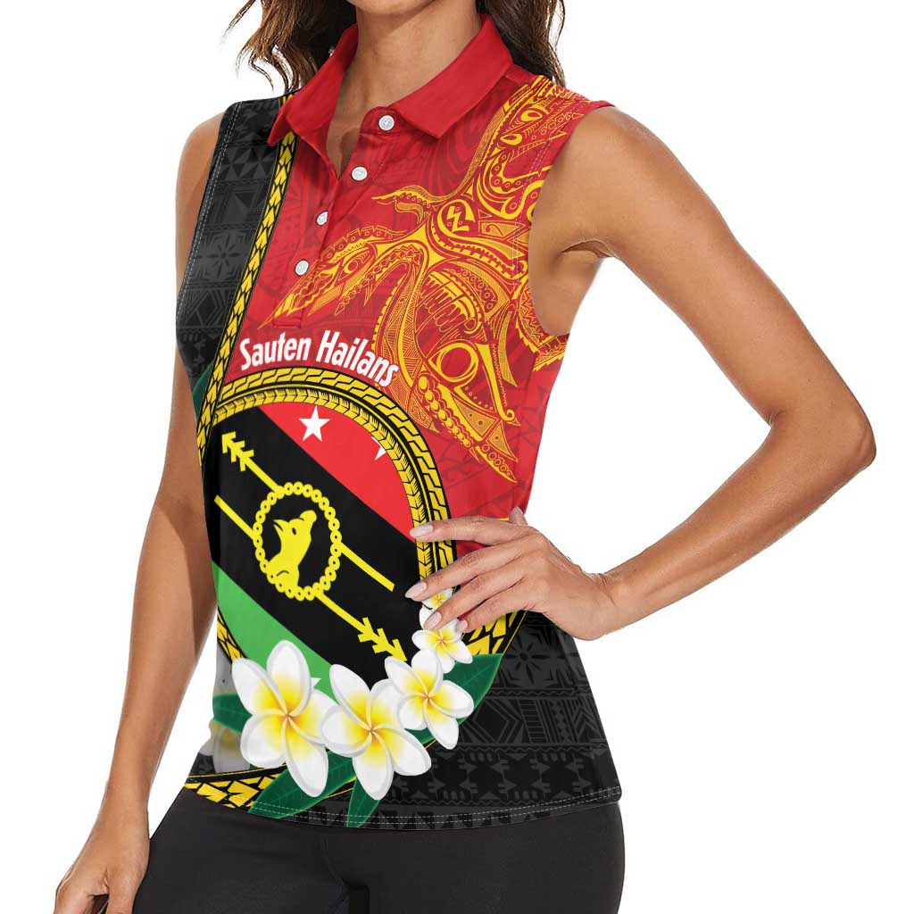 Personalised PNG Sauten Hailans Women Sleeveless Polo Shirt Papua New Guinea Plumeria Melanesian Pattern - Polynesian Pride