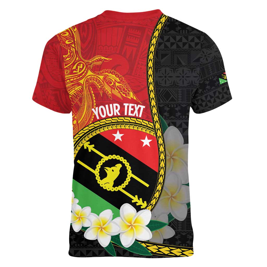 Personalised PNG Sauten Hailans Women V-Neck T-Shirt Papua New Guinea Plumeria Melanesian Pattern - Polynesian Pride