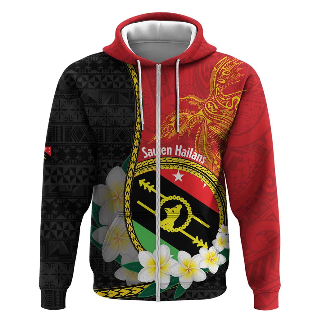 Personalised PNG Sauten Hailans Zip Hoodie Papua New Guinea Plumeria Melanesian Pattern - Polynesian Pride