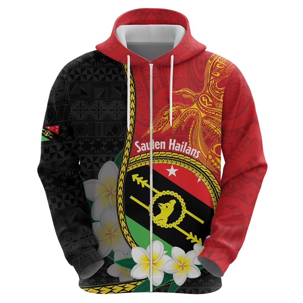 Personalised PNG Sauten Hailans Zip Hoodie Papua New Guinea Plumeria Melanesian Pattern - Polynesian Pride