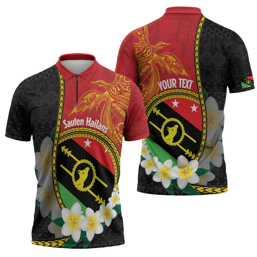 Personalised PNG Sauten Hailans Zipper Polo Shirt Papua New Guinea Plumeria Melanesian Pattern - Polynesian Pride