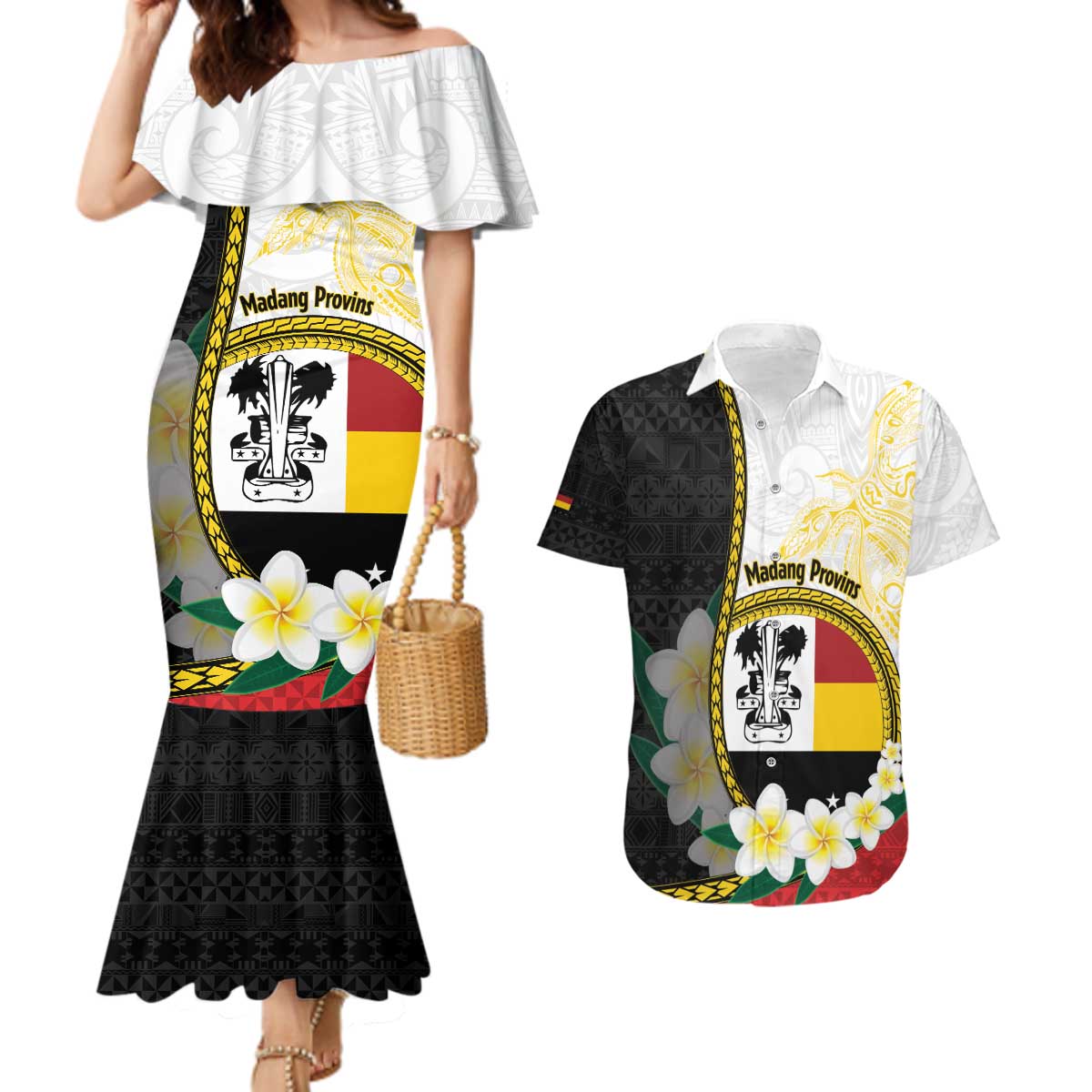 Personalised PNG Madang Provins Couples Matching Mermaid Dress and Hawaiian Shirt Papua New Guinea Plumeria Melanesian Pattern - Polynesian Pride