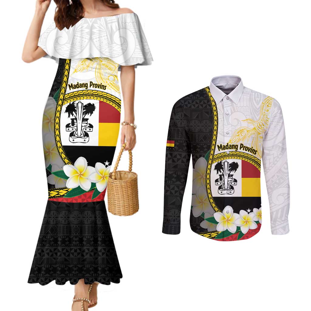 Personalised PNG Madang Provins Couples Matching Mermaid Dress and Long Sleeve Button Shirt Papua New Guinea Plumeria Melanesian Pattern - Polynesian Pride