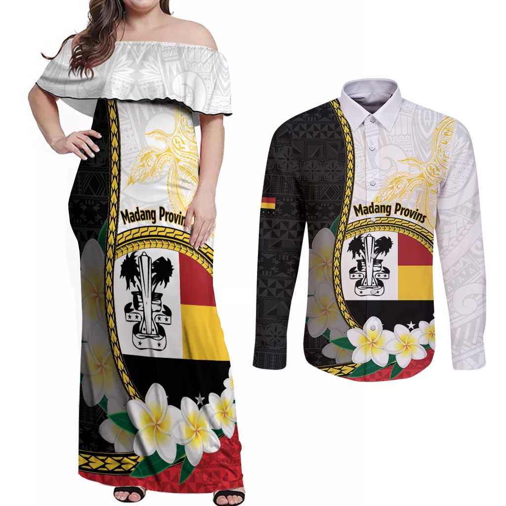 Personalised PNG Madang Provins Couples Matching Off Shoulder Maxi Dress and Long Sleeve Button Shirt Papua New Guinea Plumeria Melanesian Pattern - Polynesian Pride
