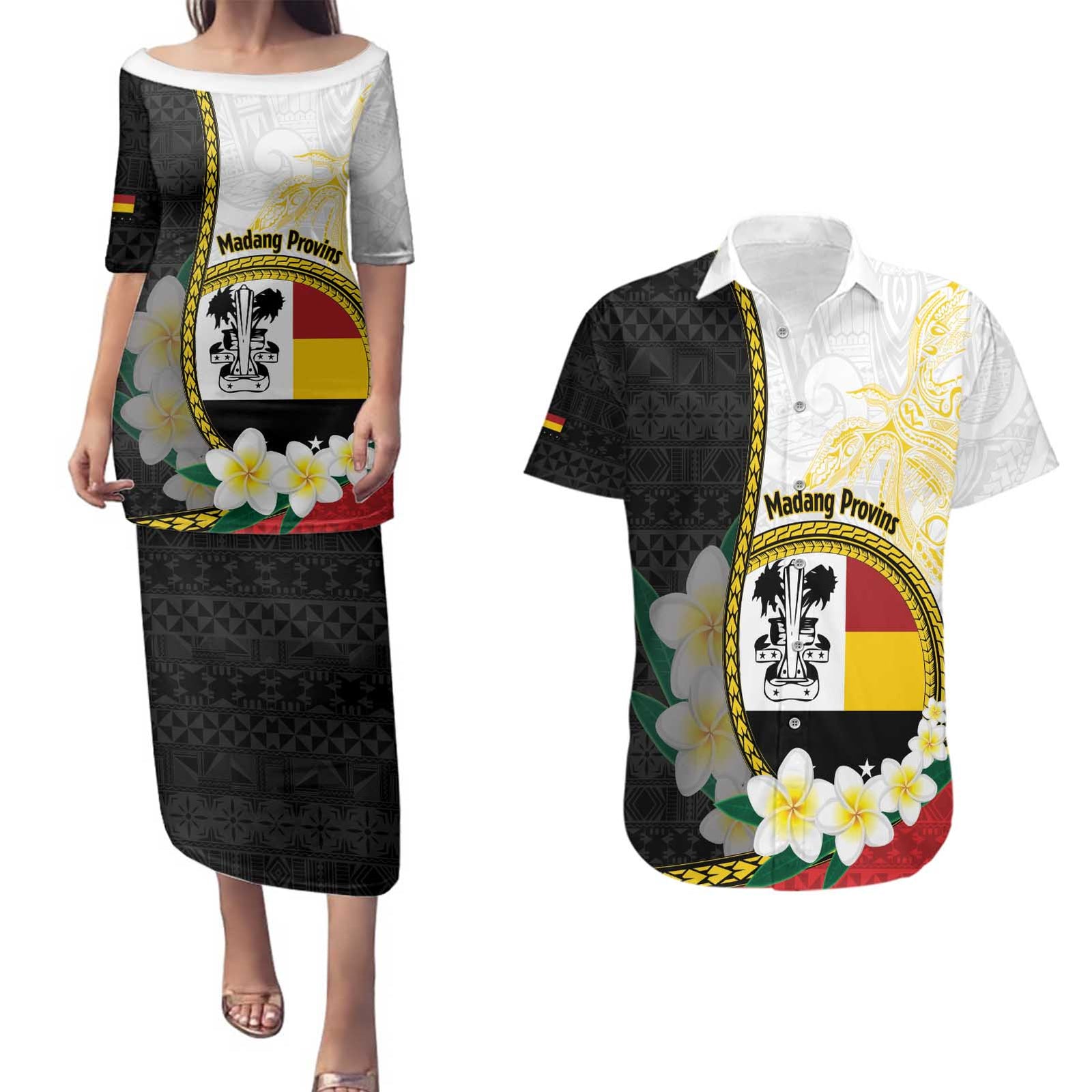 Personalised PNG Madang Provins Couples Matching Puletasi and Hawaiian Shirt Papua New Guinea Plumeria Melanesian Pattern - Polynesian Pride