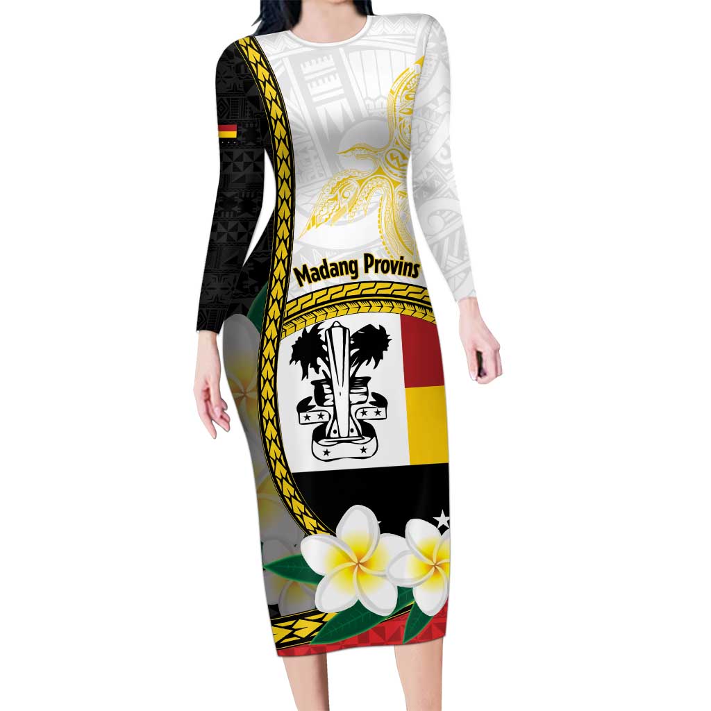 Personalised PNG Madang Provins Long Sleeve Bodycon Dress Papua New Guinea Plumeria Melanesian Pattern - Polynesian Pride