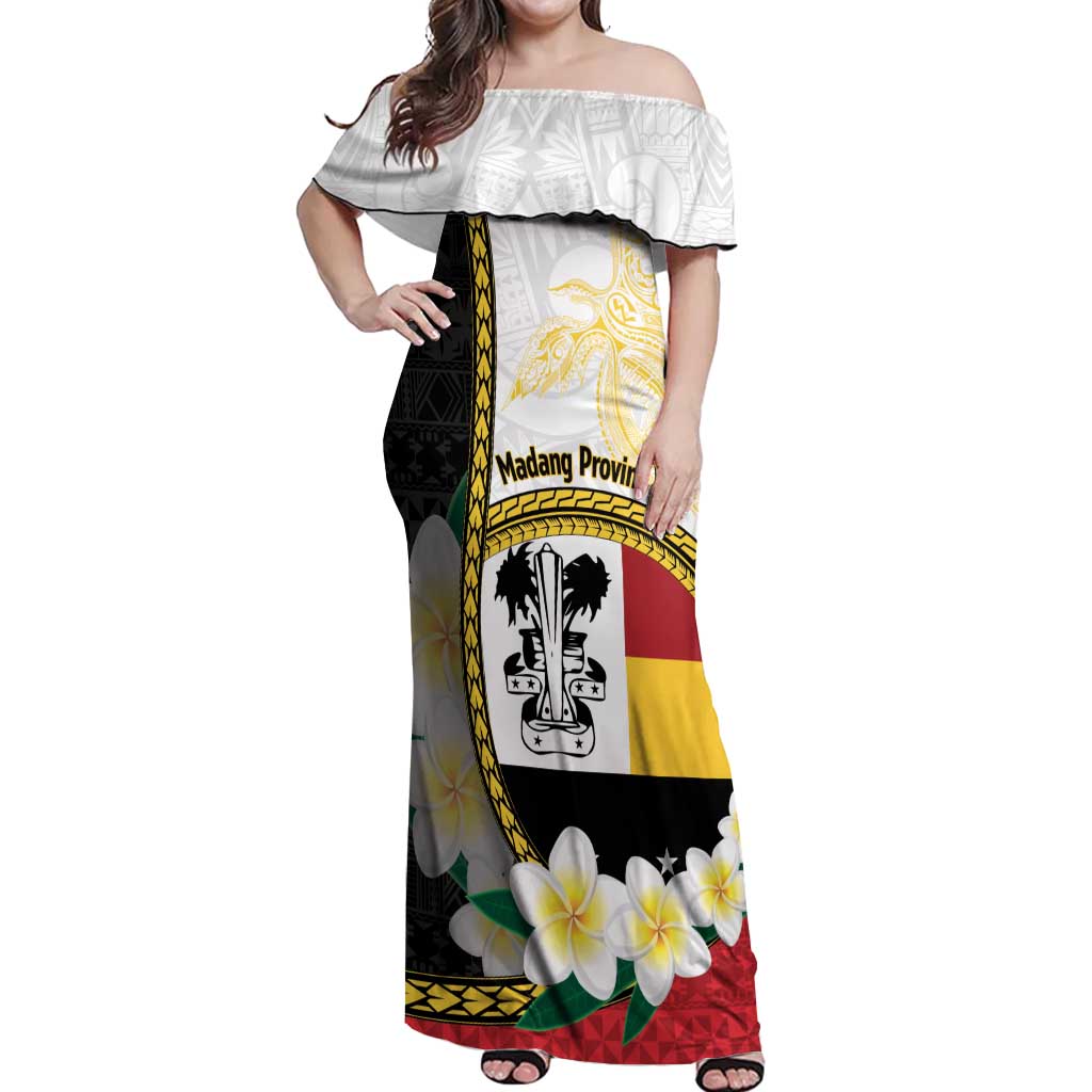 Personalised PNG Madang Provins Off Shoulder Maxi Dress Papua New Guinea Plumeria Melanesian Pattern LT14 Women White - Polynesian Pride