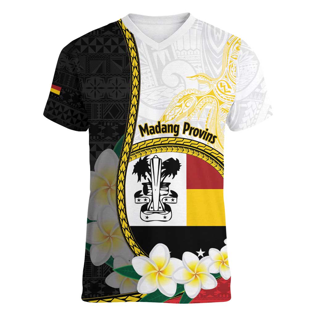 Personalised PNG Madang Provins Women V-Neck T-Shirt Papua New Guinea Plumeria Melanesian Pattern - Polynesian Pride