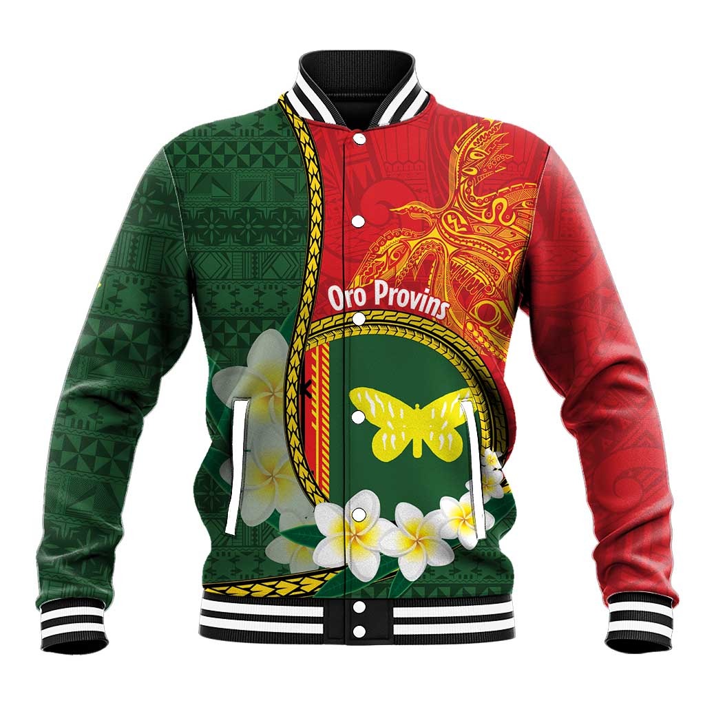 Personalised PNG Oro Provins Baseball Jacket Papua New Guinea Plumeria Melanesian Pattern - Polynesian Pride