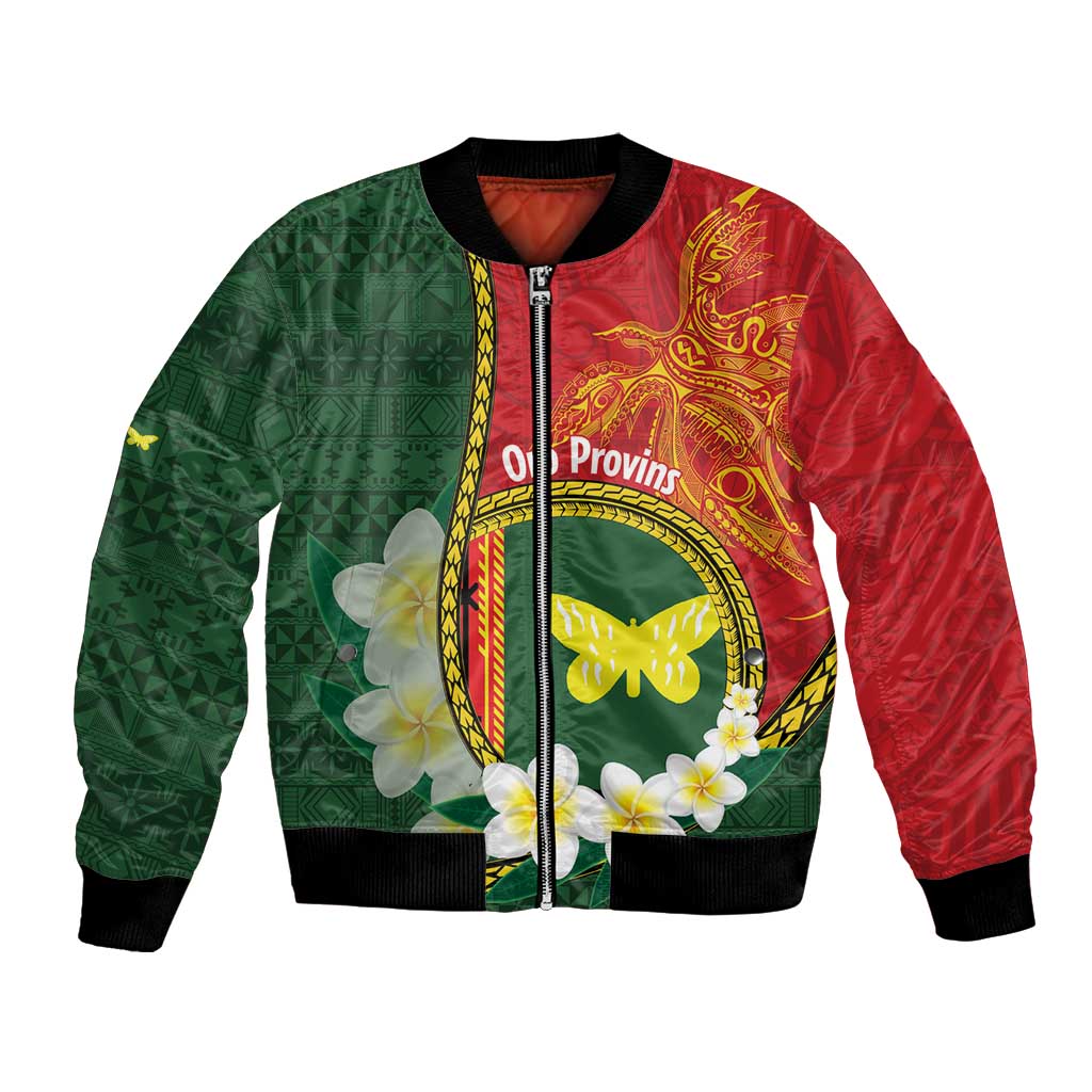Personalised PNG Oro Provins Bomber Jacket Papua New Guinea Plumeria Melanesian Pattern - Polynesian Pride