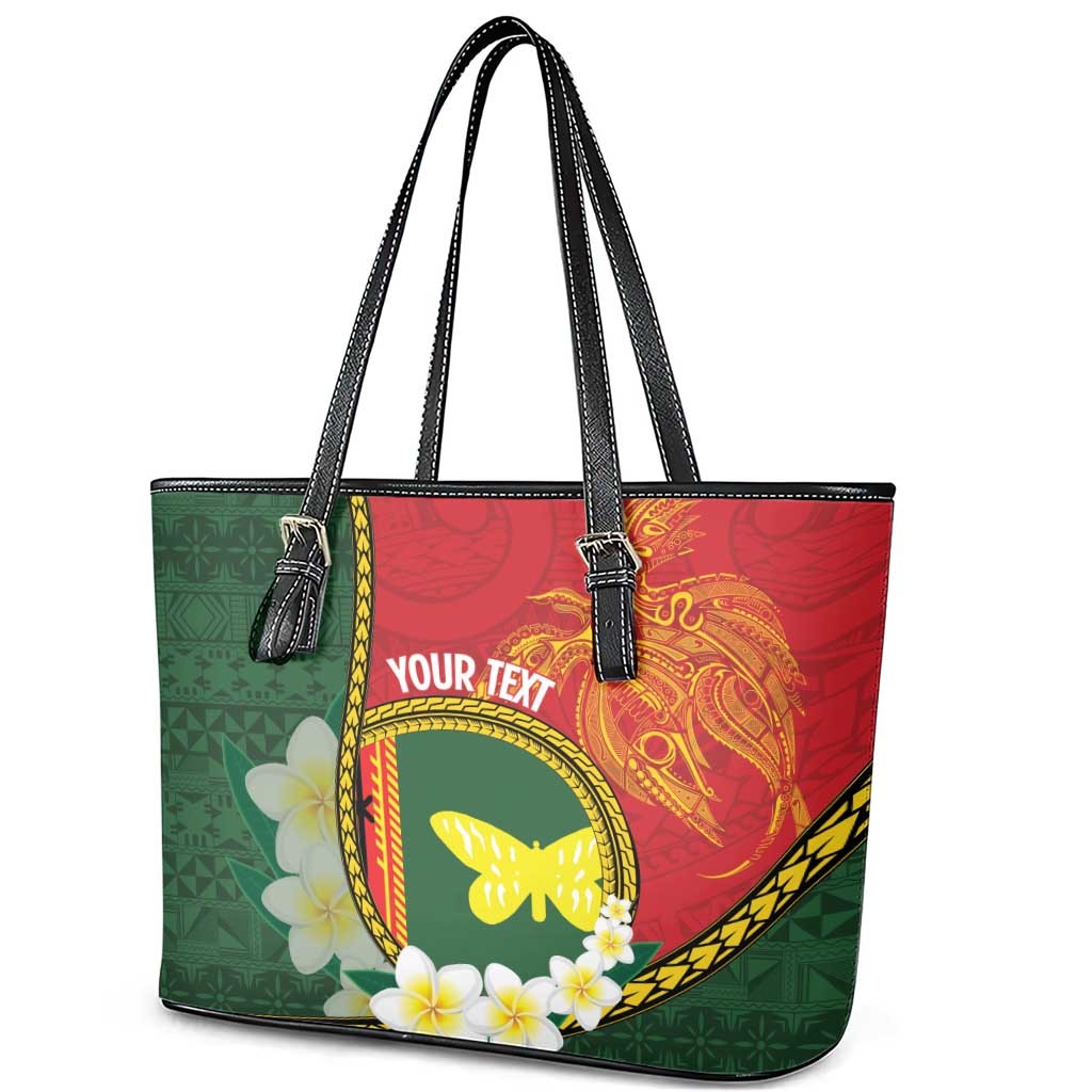 Personalised PNG Oro Provins Leather Tote Bag Papua New Guinea Plumeria Melanesian Pattern - Polynesian Pride