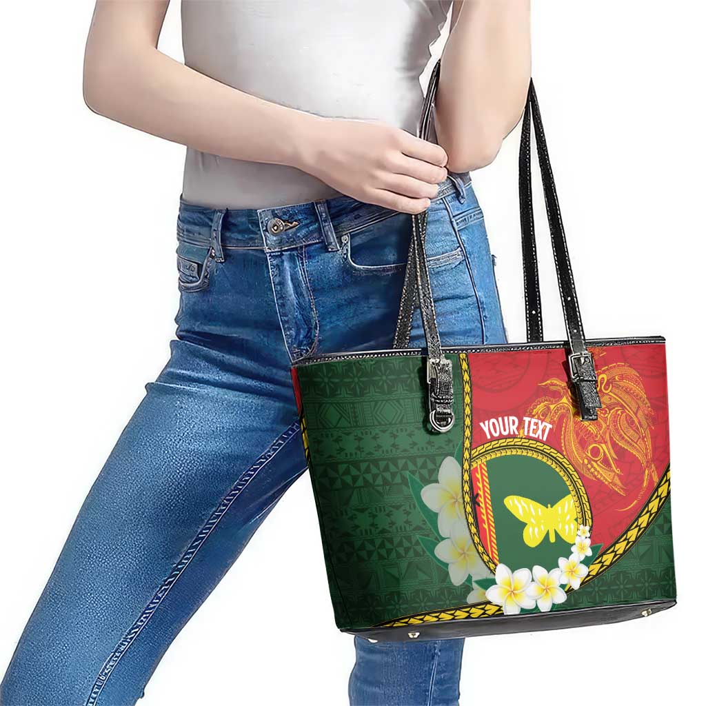 Personalised PNG Oro Provins Leather Tote Bag Papua New Guinea Plumeria Melanesian Pattern - Polynesian Pride