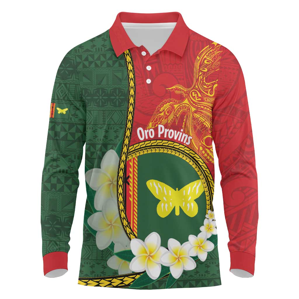 Personalised PNG Oro Provins Long Sleeve Polo Shirt Papua New Guinea Plumeria Melanesian Pattern - Polynesian Pride