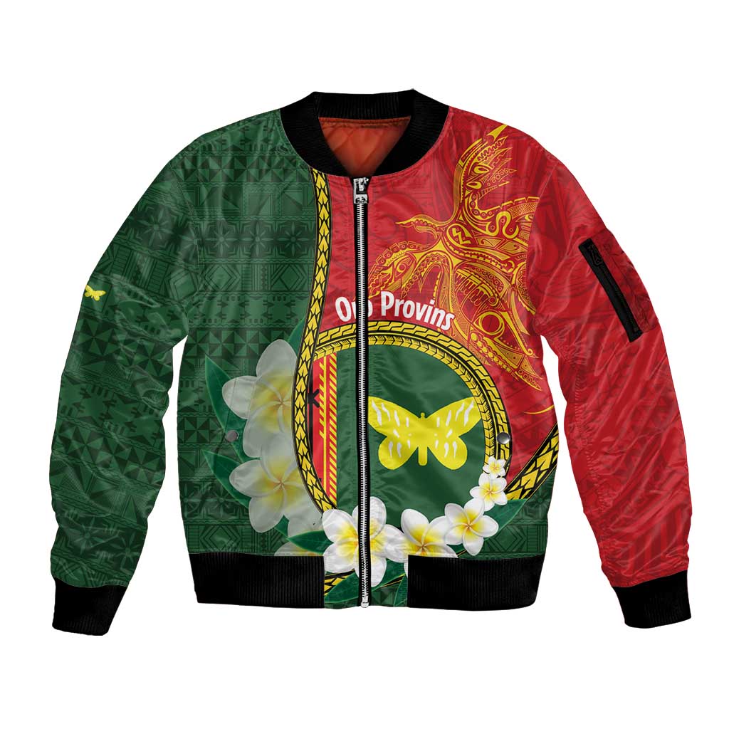 Personalised PNG Oro Provins Sleeve Zip Bomber Jacket Papua New Guinea Plumeria Melanesian Pattern LT14 Unisex Green - Polynesian Pride