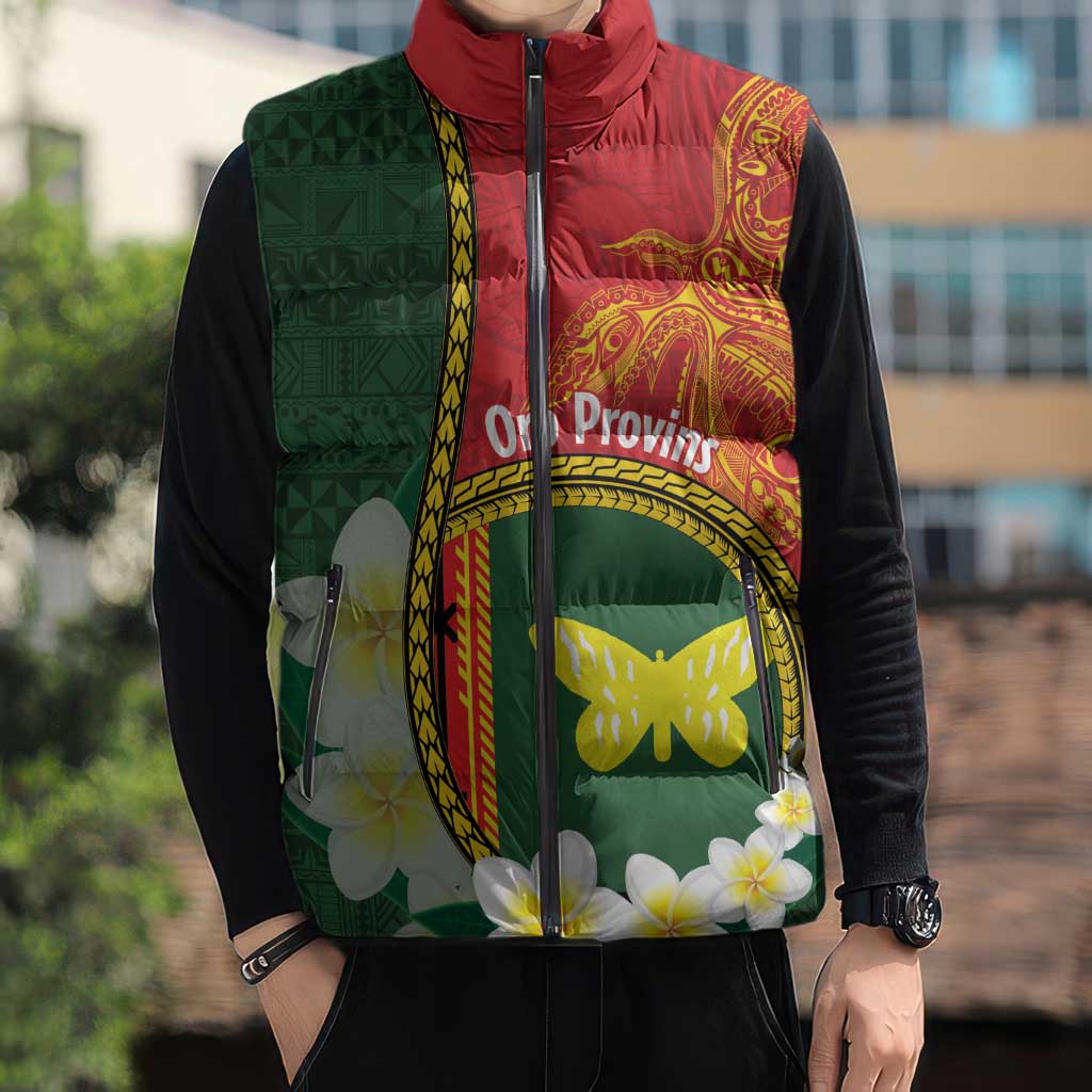 Personalised PNG Oro Provins Sleeveless Puffer Jacket Papua New Guinea Plumeria Melanesian Pattern - Polynesian Pride