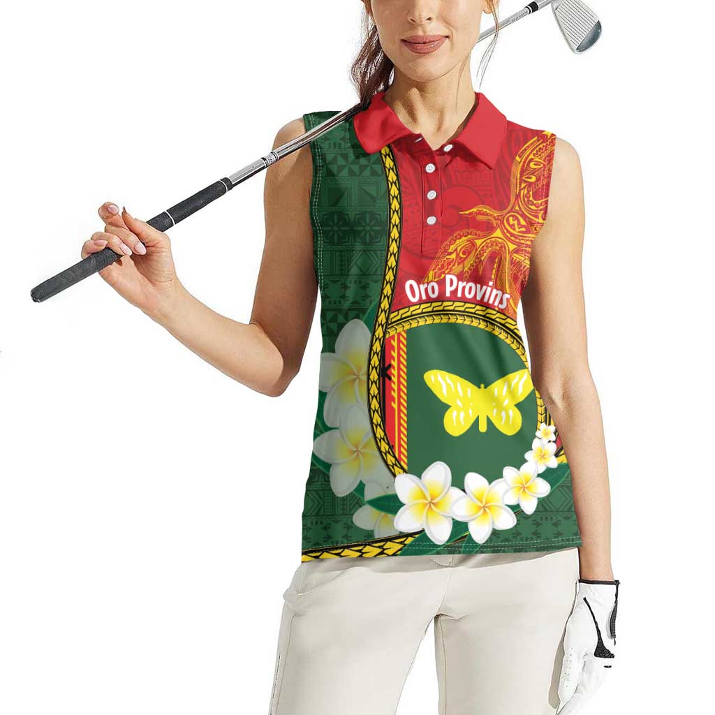 Personalised PNG Oro Provins Women Sleeveless Polo Shirt Papua New Guinea Plumeria Melanesian Pattern - Polynesian Pride