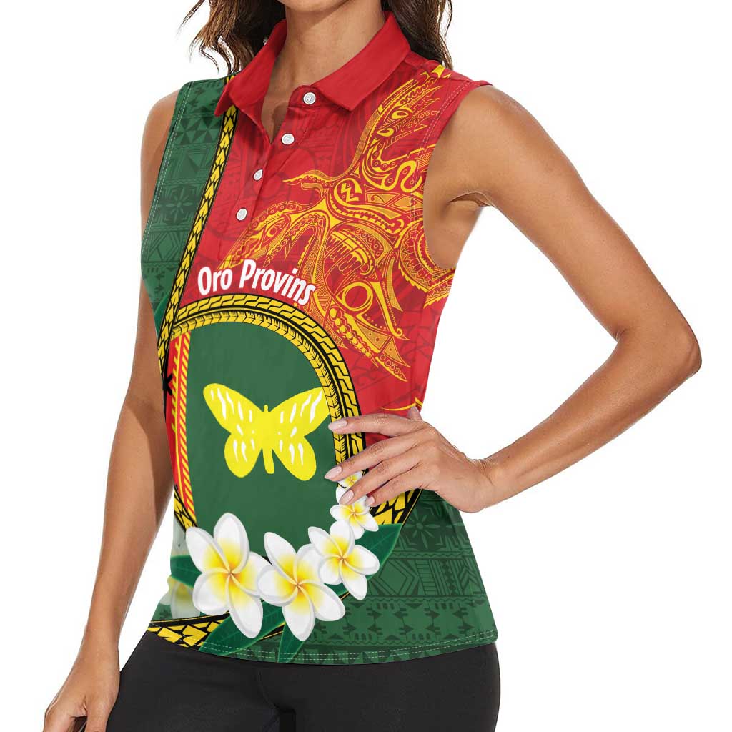 Personalised PNG Oro Provins Women Sleeveless Polo Shirt Papua New Guinea Plumeria Melanesian Pattern - Polynesian Pride