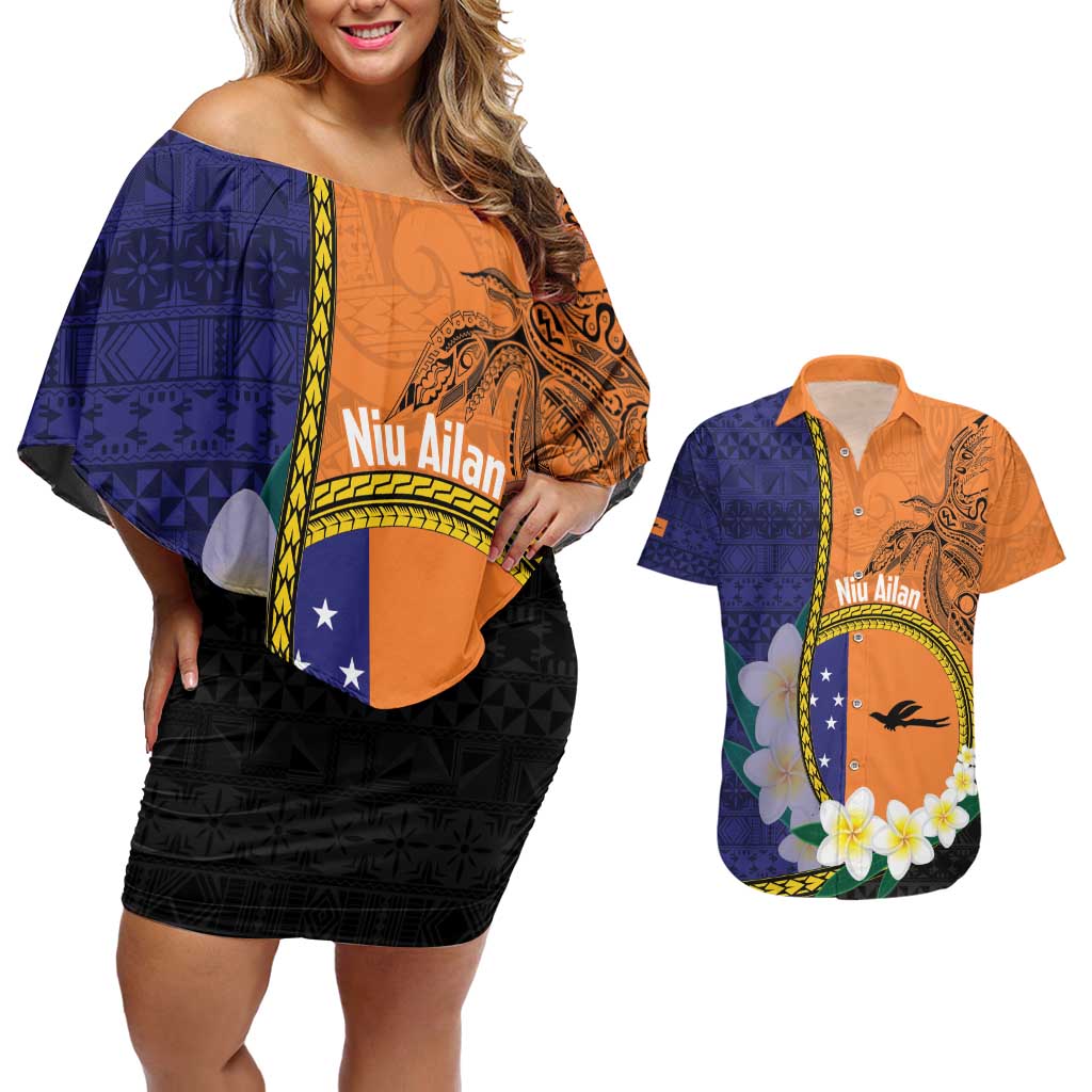 Personalised PNG Niu Ailan Couples Matching Off Shoulder Short Dress and Hawaiian Shirt Papua New Guinea Plumeria Melanesian Pattern - Polynesian Pride