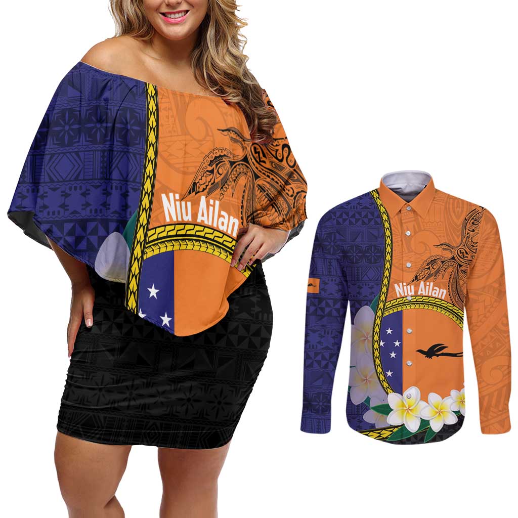 Personalised PNG Niu Ailan Couples Matching Off Shoulder Short Dress and Long Sleeve Button Shirt Papua New Guinea Plumeria Melanesian Pattern - Polynesian Pride