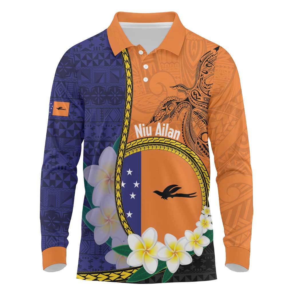 Personalised PNG Niu Ailan Long Sleeve Polo Shirt Papua New Guinea Plumeria Melanesian Pattern - Polynesian Pride