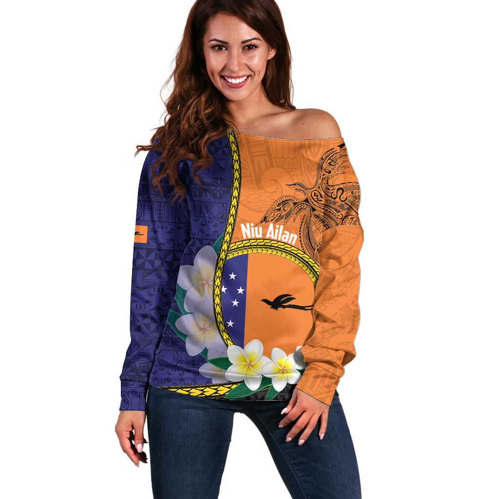 Personalised PNG Niu Ailan Off Shoulder Sweater Papua New Guinea Plumeria Melanesian Pattern - Polynesian Pride