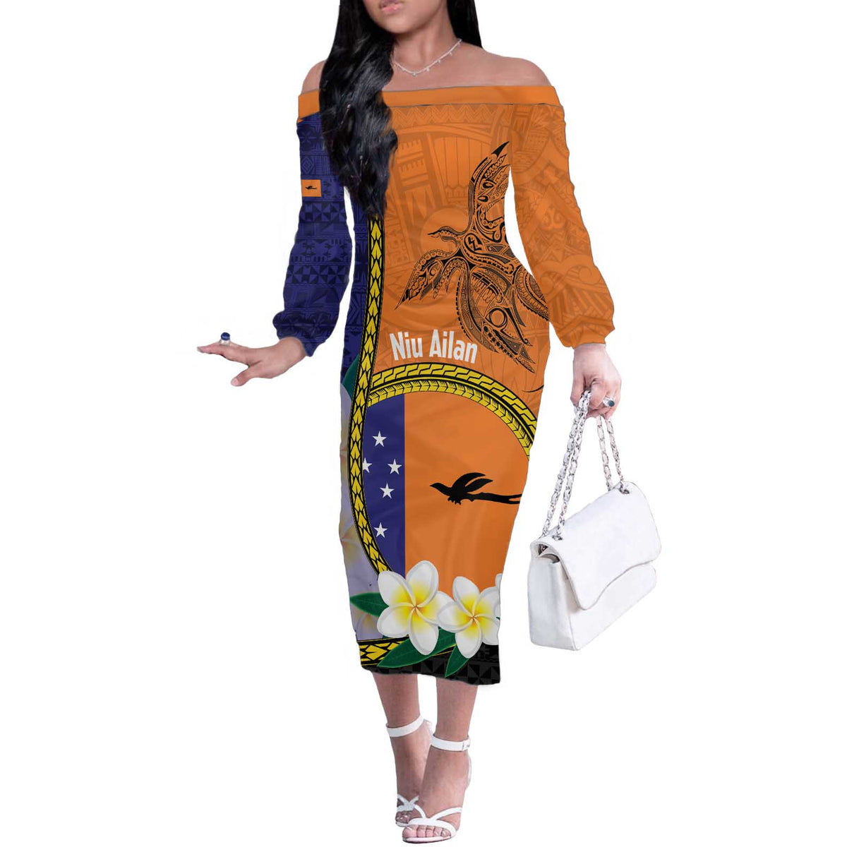 Personalised PNG Niu Ailan Off The Shoulder Long Sleeve Dress Papua New Guinea Plumeria Melanesian Pattern - Polynesian Pride