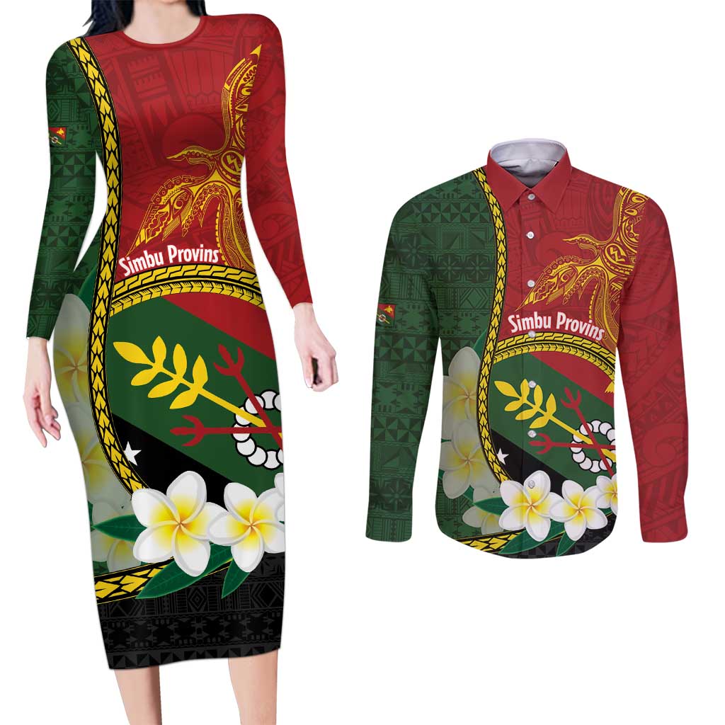 Personalised PNG Simbu Provins Couples Matching Long Sleeve Bodycon Dress and Long Sleeve Button Shirt Papua New Guinea Plumeria Melanesian Pattern - Polynesian Pride
