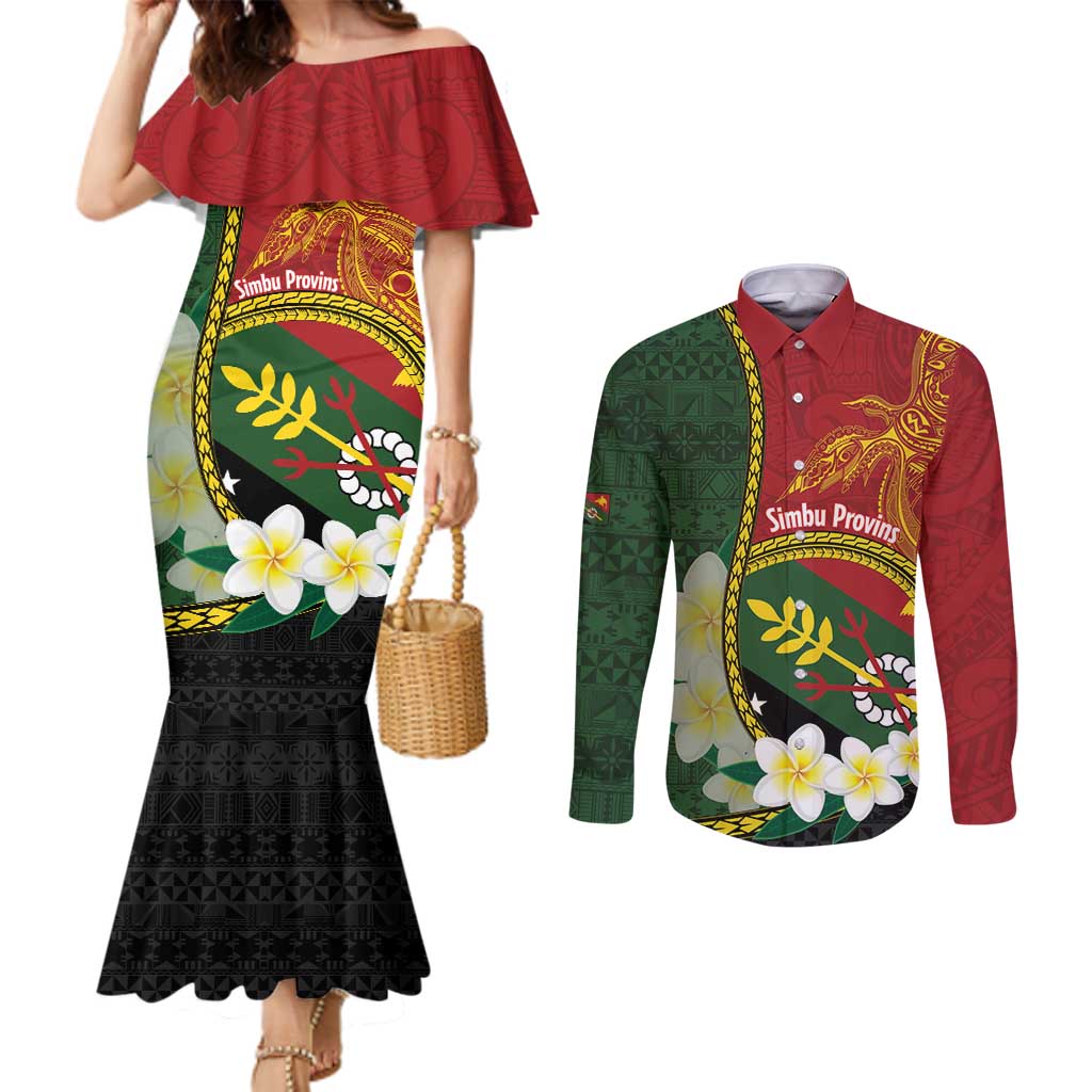 Personalised PNG Simbu Provins Couples Matching Mermaid Dress and Long Sleeve Button Shirt Papua New Guinea Plumeria Melanesian Pattern - Polynesian Pride