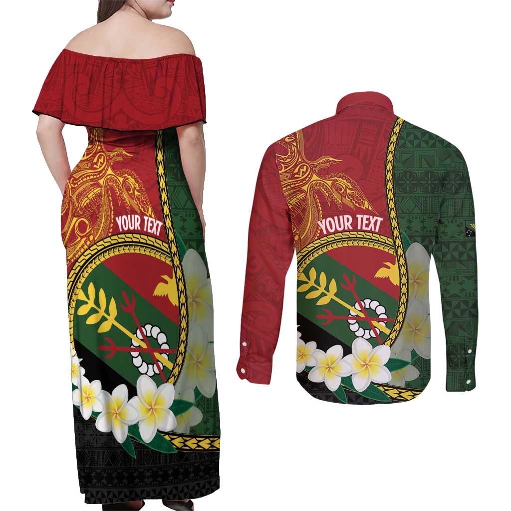 Personalised PNG Simbu Provins Couples Matching Off Shoulder Maxi Dress and Long Sleeve Button Shirt Papua New Guinea Plumeria Melanesian Pattern - Polynesian Pride