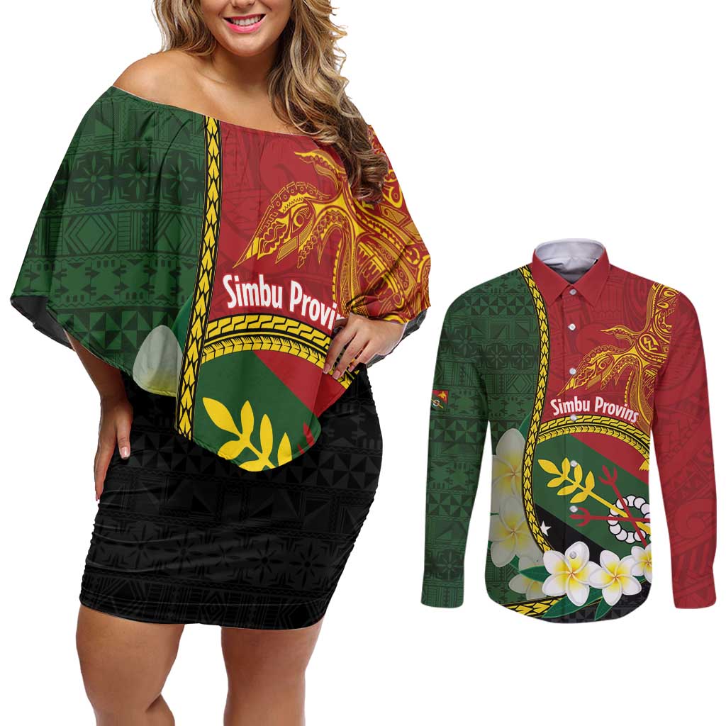 Personalised PNG Simbu Provins Couples Matching Off Shoulder Short Dress and Long Sleeve Button Shirt Papua New Guinea Plumeria Melanesian Pattern - Polynesian Pride